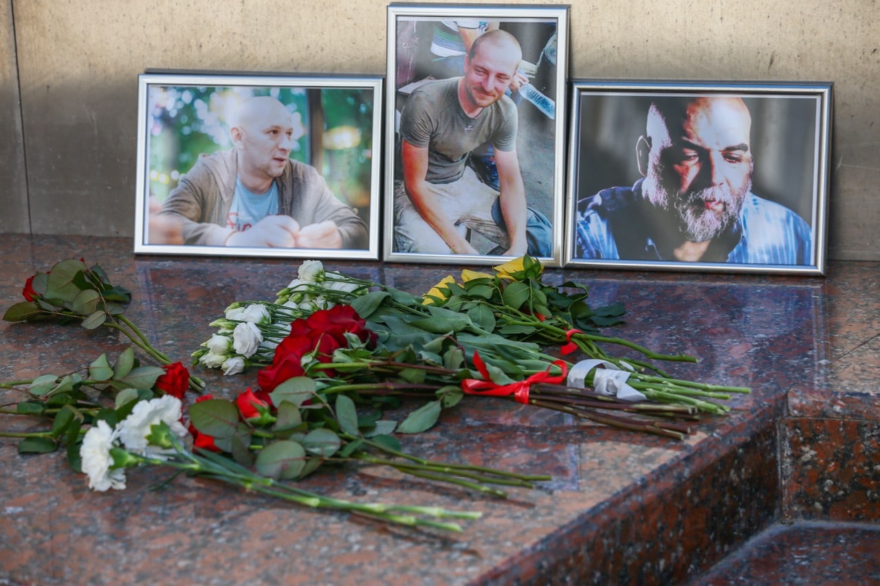 Flowers brought to the Central House of Journalists in Moscow, Russia, in memory of three Russian journalists killed in the Central African Republic (CAR), journalist Orkhan Dzhemal, cameraman Kirill Radchenko, and producer Alexander Rastorguyev, 1 August 2018, Alexander ShcherbakTASS via Getty Images
