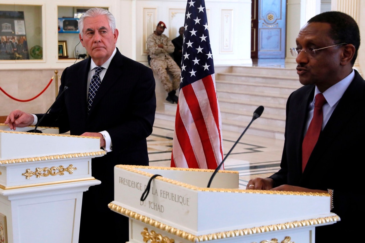 Former U.S. Secretary of State Rex Tillerson (L) looks on during a news conference with Chad's Foreign Minister Mahamat Zene Cherif (R) in N'Djamena, Chad, 12 March 2018, JONATHAN ERNST/AFP/Getty Images