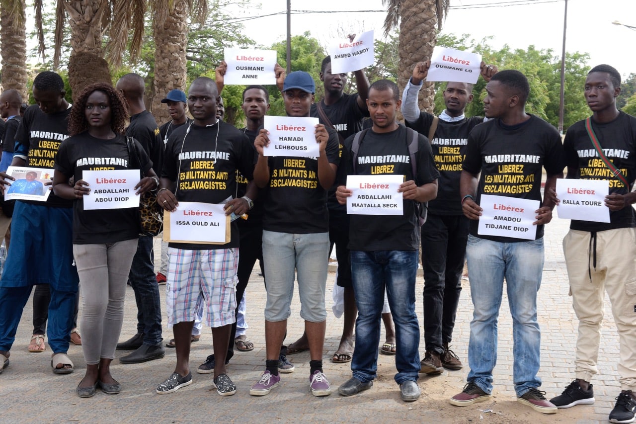 Anti-slavery activists demonstrate on 3 August 2016 in Dakar, Senegal against the imprisonement of fellow activists in Mauritania, SEYLLOU/AFP/Getty Images