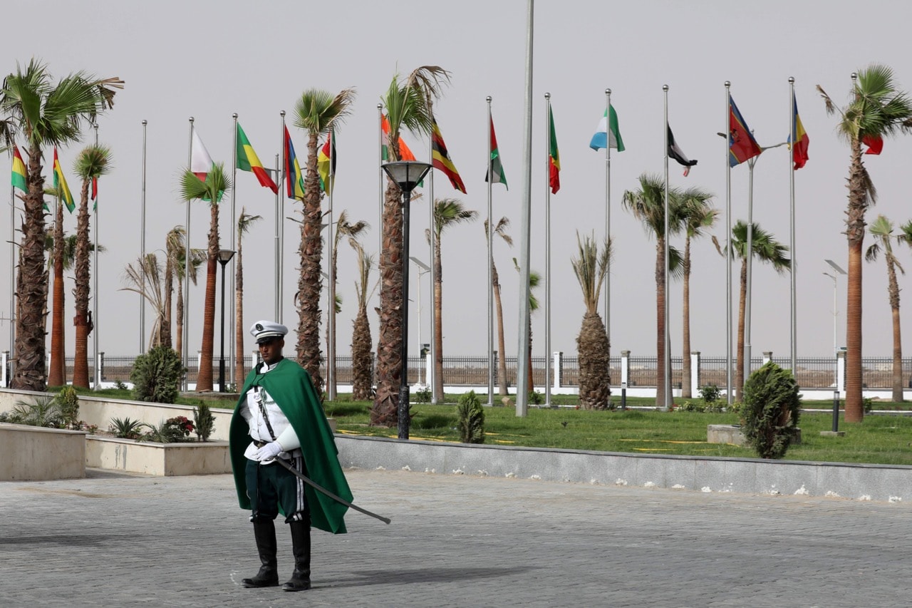 A Mauritanian soldier stands on duty during the African Union (AU) Summit in Nouakchott, 2 July 2018, LUDOVIC MARIN/AFP/Getty Images