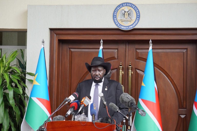 South Sudan President Salva Kiir speaks during a press conference, at the State House in Juba, 9 July 2021, PETER LOUIS GUME/AFP via Getty Images