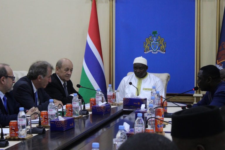 Gambia's President Adama Barrow (C) during a meeting with the French Foreign Affairs minister and other officials, at The Presidential Palace in Banjul, 5 November 2018. CLAIRE BARGELES/AFP via Getty Images