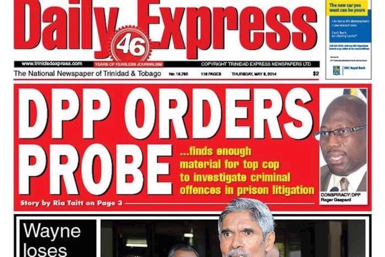 Front page of the "Daily Express" paper, 7 May 2014, Trinidad Express Newspapers/Facebook