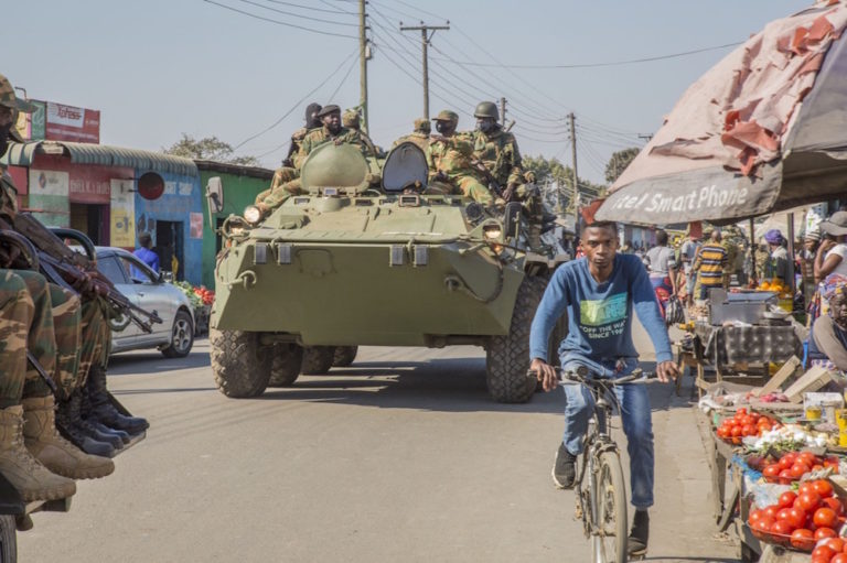 A Zambian Army armored personnel carrier patrols the Chawama Compound in Lusaka, 3 August 2021, after President Edar Lungu oredered the army to help police curb political violence that has characterised the run-up to the 12 August 12 General election. SALIM DAWOOD/AFP via Getty Images