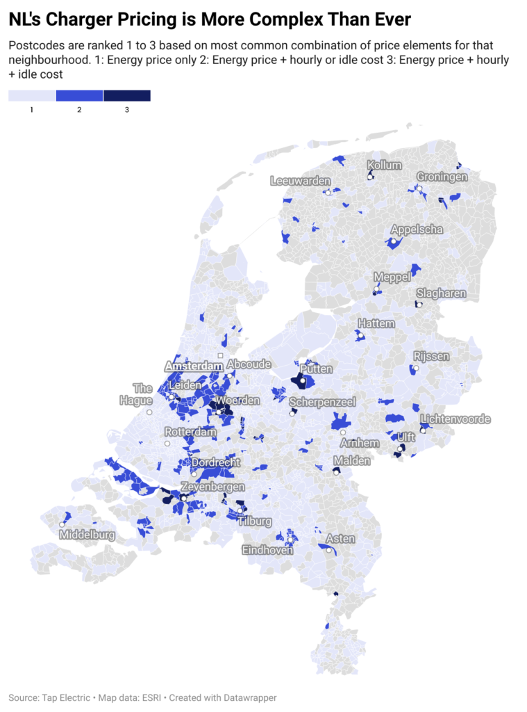 Postcodes are ranked 1 to 3 based on most common combination of price elements for that neighbourhood. 1: Energy price only. 2: Enery price + hourly or idle cost 3: Energy price + hourly + idle cost